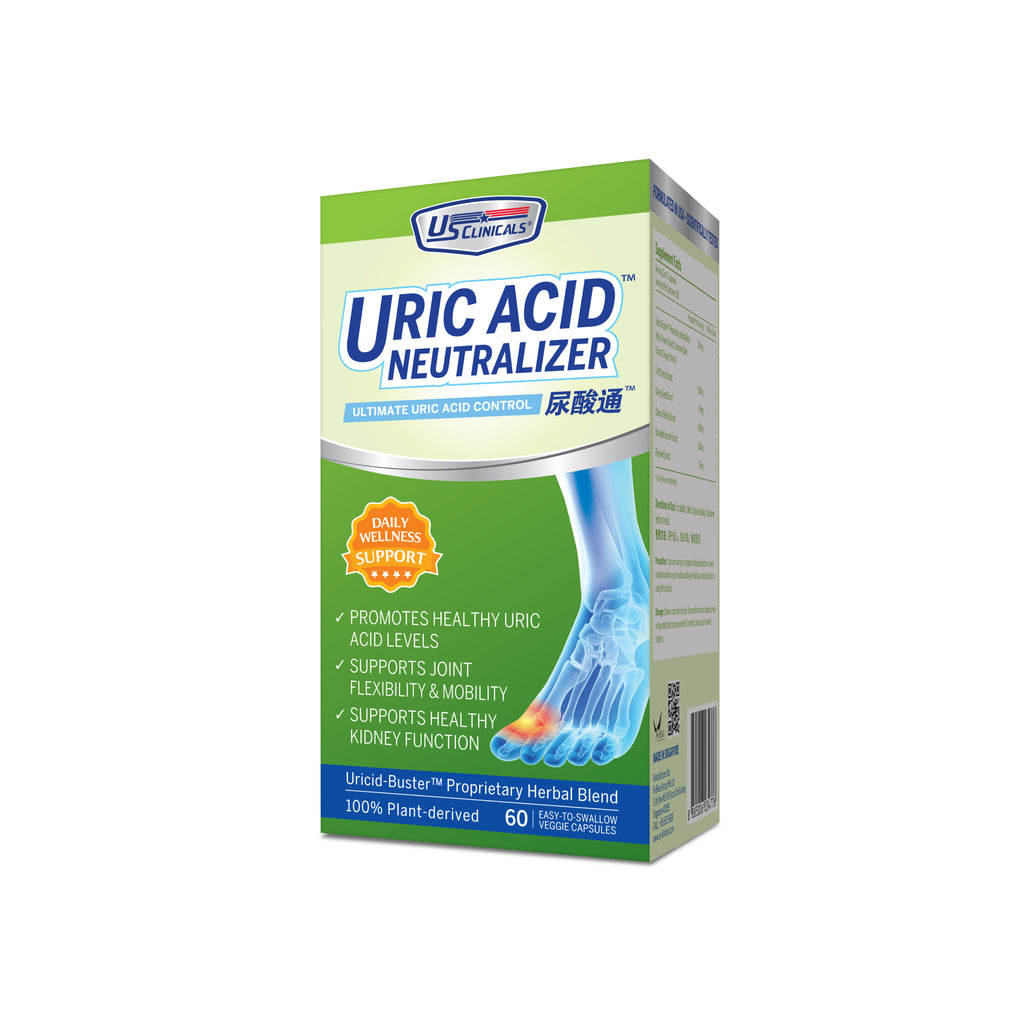 US Clinicals® Uric Acid Neutralizer™ providing a triple effect with scientifically proven to be effective, it helps to prevent acidic kidney stones from forming and supports healthy kidney & joint function. Formulated with a golden ratio of kiku flower and cinnamon that has scientifically proven to reduce 55% of uric acid. Try it now!